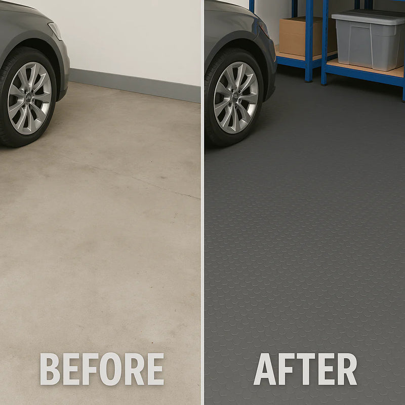 Heavy Duty Non-Slip Rubber Garage Flooring Roll Dot Penny Pattern Oil Resistant, R11 Slip Rated, Custom Cut Lengths