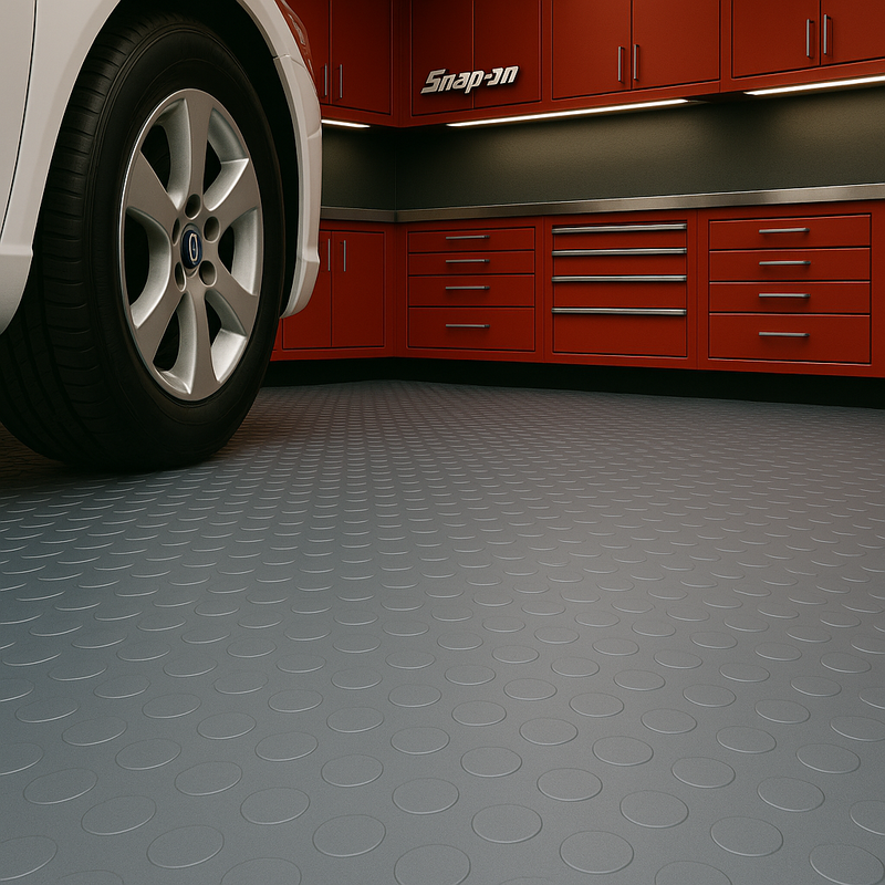 Heavy Duty Non-Slip Rubber Garage Flooring Roll Dot Penny Pattern Oil Resistant, R11 Slip Rated, Custom Cut Lengths