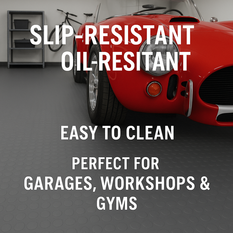 Heavy Duty Non-Slip Rubber Garage Flooring Roll Dot Penny Pattern Oil Resistant, R11 Slip Rated, Custom Cut Lengths