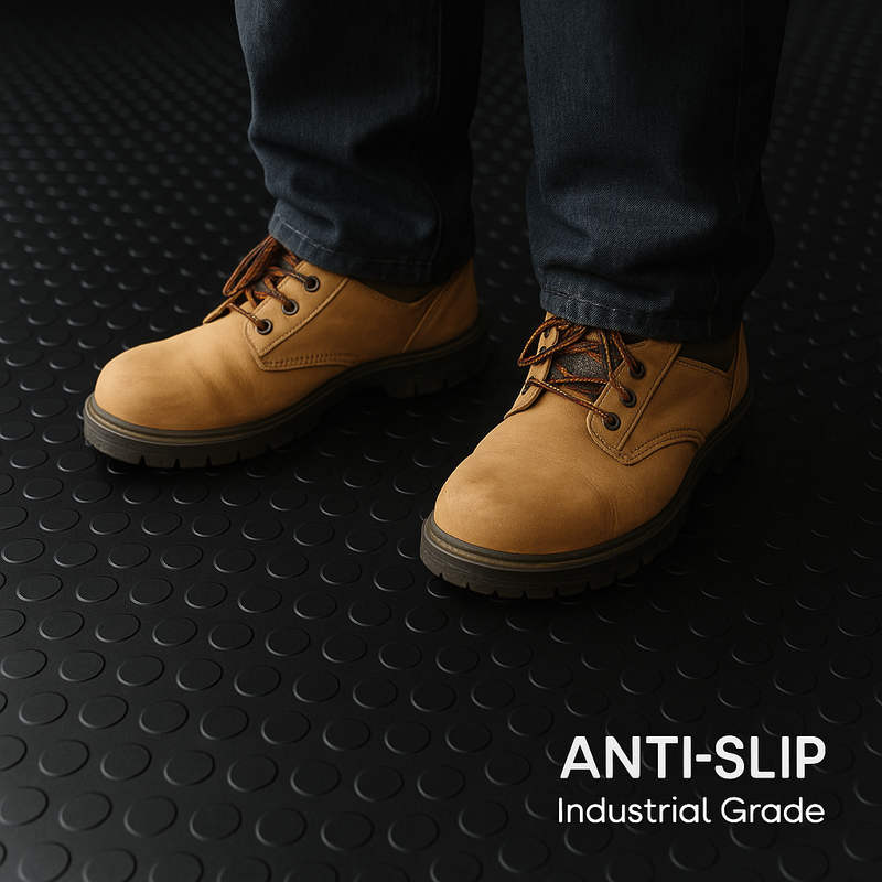 Heavy Duty Non-Slip Rubber Garage Flooring Roll Dot Penny Pattern Oil Resistant, R11 Slip Rated, Custom Cut Lengths