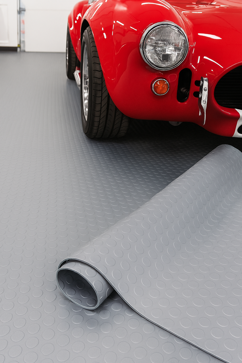 Heavy Duty Non-Slip Rubber Garage Flooring Roll Dot Penny Pattern Oil Resistant, R11 Slip Rated, Custom Cut Lengths