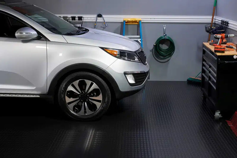 Heavy Duty Non-Slip Rubber Garage Flooring Roll Dot Penny Pattern Oil Resistant, R11 Slip Rated, Custom Cut Lengths