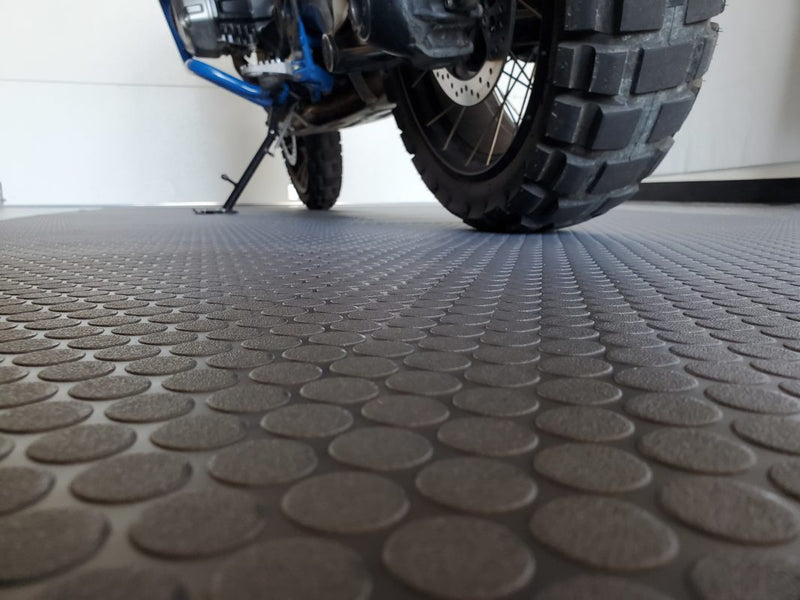 Heavy Duty Non-Slip Rubber Garage Flooring Roll Dot Penny Pattern Oil Resistant, R11 Slip Rated, Custom Cut Lengths