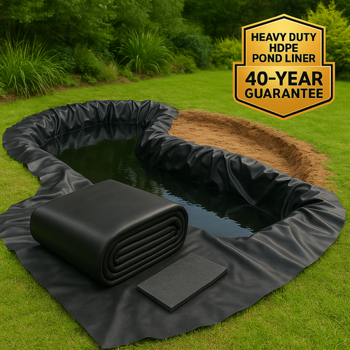 Heavy Duty HDPE Pond Liner 40-Year Guarantee, UV Resistant with Free Underlay - Durable, Flexible, Ideal for Ponds & Water Features