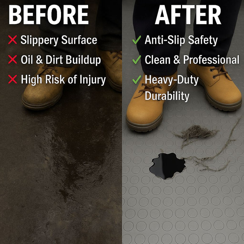 Heavy Duty Non-Slip Rubber Garage Flooring Roll Dot Penny Pattern Oil Resistant, R11 Slip Rated, Custom Cut Lengths