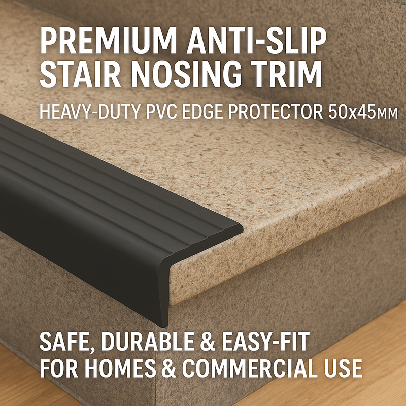Rubber Stair Nosing Edge Trim – Heavy-Duty Anti-Slip Flexible Rubber Step Protector 50×45 mm | Commercial Stair Edging | BS 8300 & Doc K Compliant | Tested to BS 7976 | UK Trade Supplier