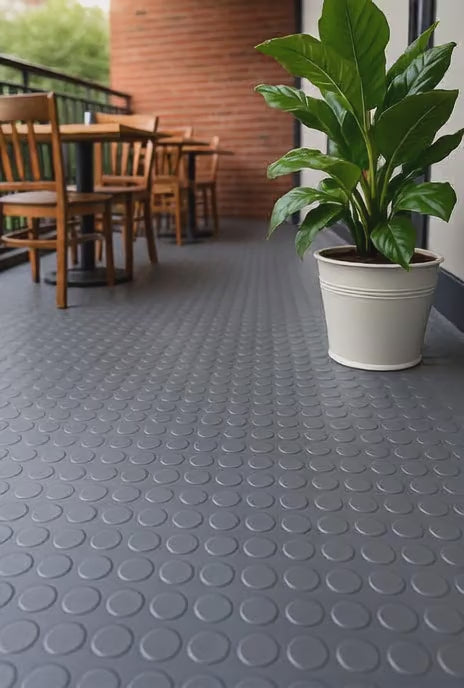 Heavy Duty Non-Slip Rubber Garage Flooring Roll Dot Penny Pattern Oil Resistant, R11 Slip Rated, Custom Cut Lengths