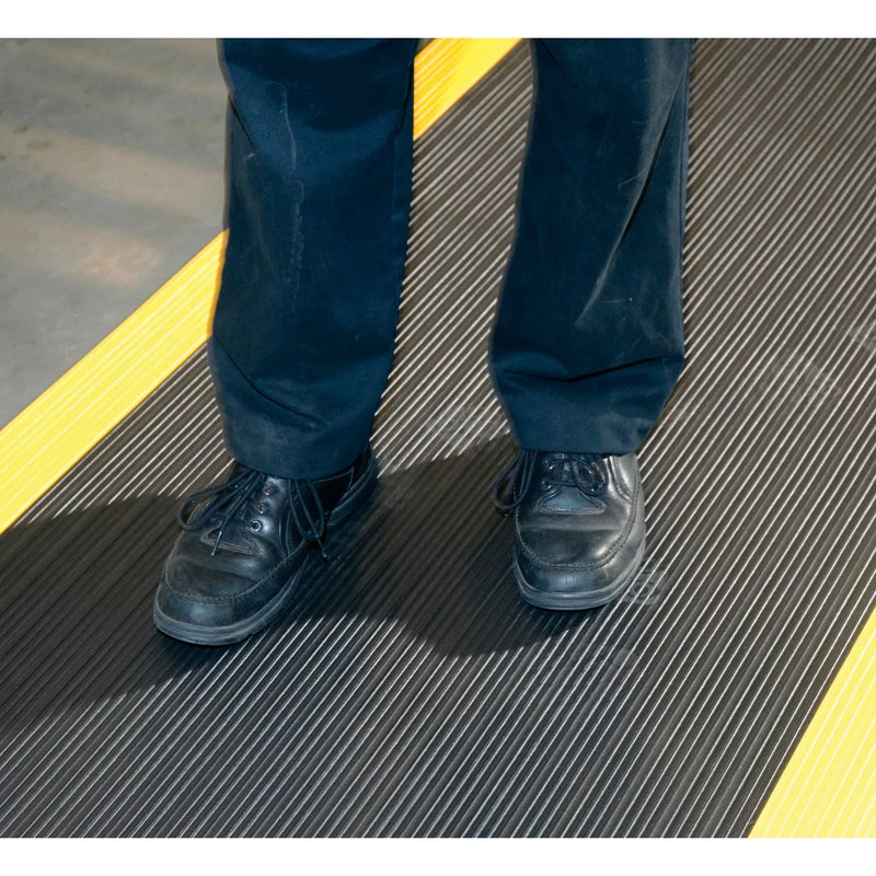Anti-Fatigue Noise Reducing Mat – Durable PVC Foam, Non-Slip, Cushioned Support for Workstations, Garages with Yellow Safety Borders
