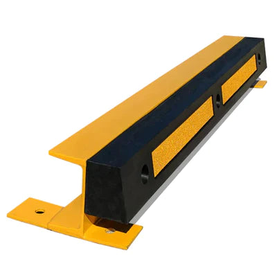 1200mm Steel & Rubber Base Mounted Kerb – Galvanised & Yellow Powder Coated, Rubber Buffer with Glass Bead Tape, M16 Fixings