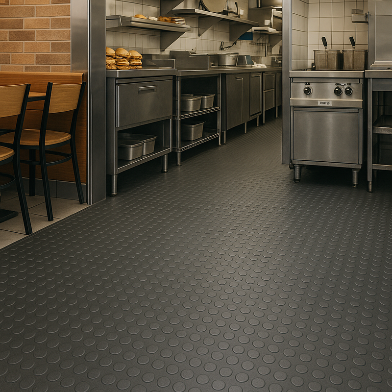 2m Wide Heavy-Duty Stud Rubber Flooring Roll | Anti‑Slip Industrial Matting for Garages, Kitchens, Workshops & Commercial Use