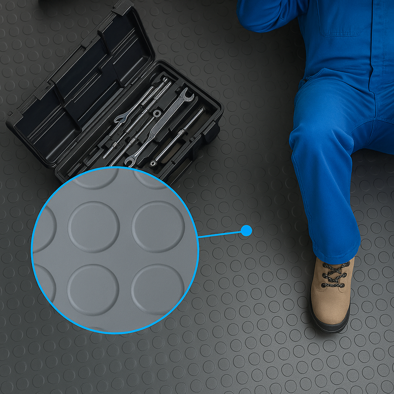 2m Wide Heavy-Duty Stud Rubber Flooring Roll | Anti‑Slip Industrial Matting for Garages, Kitchens, Workshops & Commercial Use
