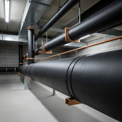 A close-up of the black nitrile self-seal pipe insulation showing the adhesive sealing strip