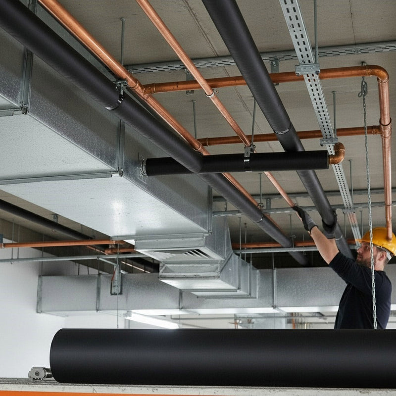 A finished installation of black foam insulation on pipes, showcasing a neat and professional look.