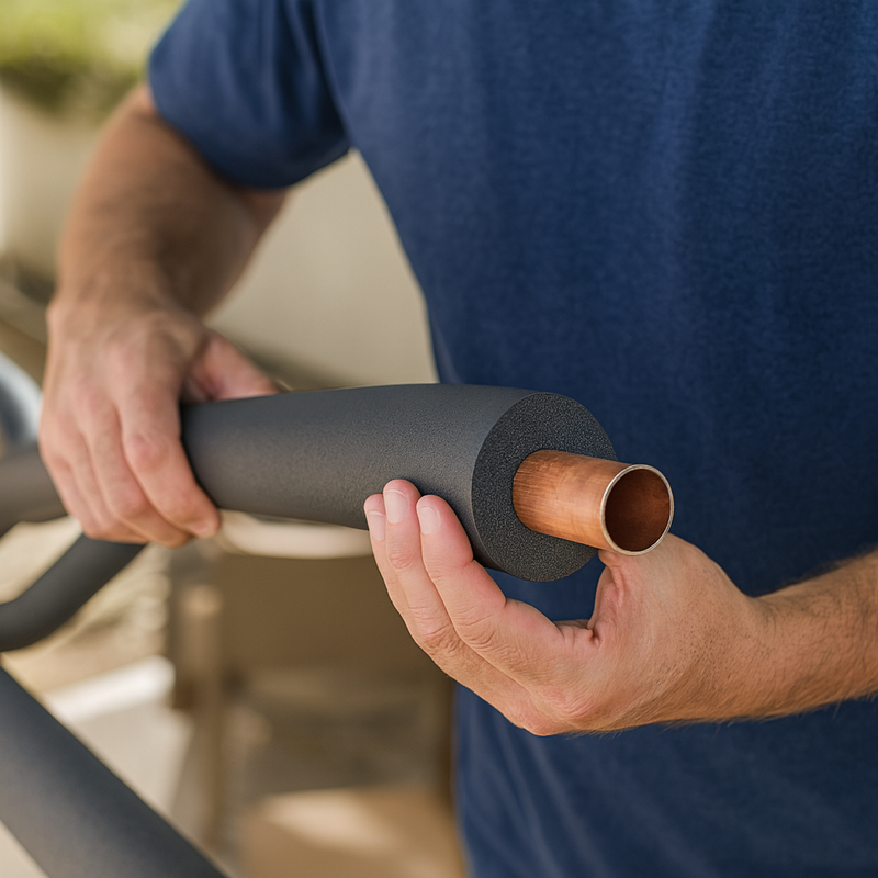 A hand easily bending the flexible nitrile foam pipe insulation tube