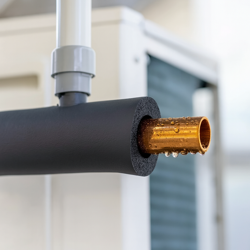 A heating system with pipes fully lagged in 13mm wall black foam insulation to reduce heat loss
