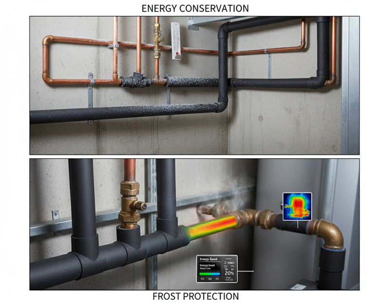 A person easily cutting and installing the flexible black foam insulation around a pipe in their home.