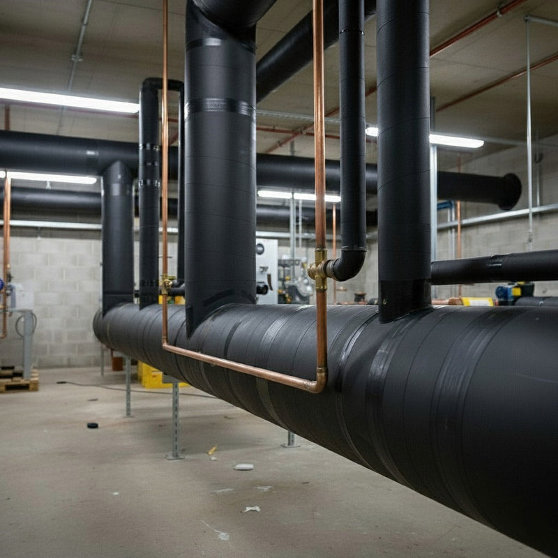 A professionally finished installation of 22mm black self-seal pipe insulation in a boiler room.