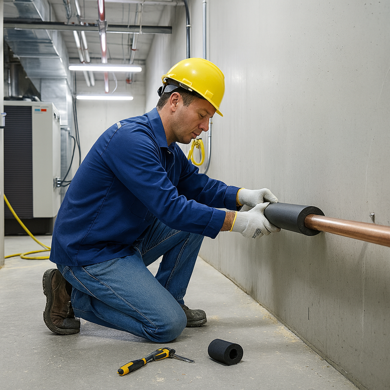 A roll of 2-meter long self-seal pipe insulation ready for application on air conditioning ductwork