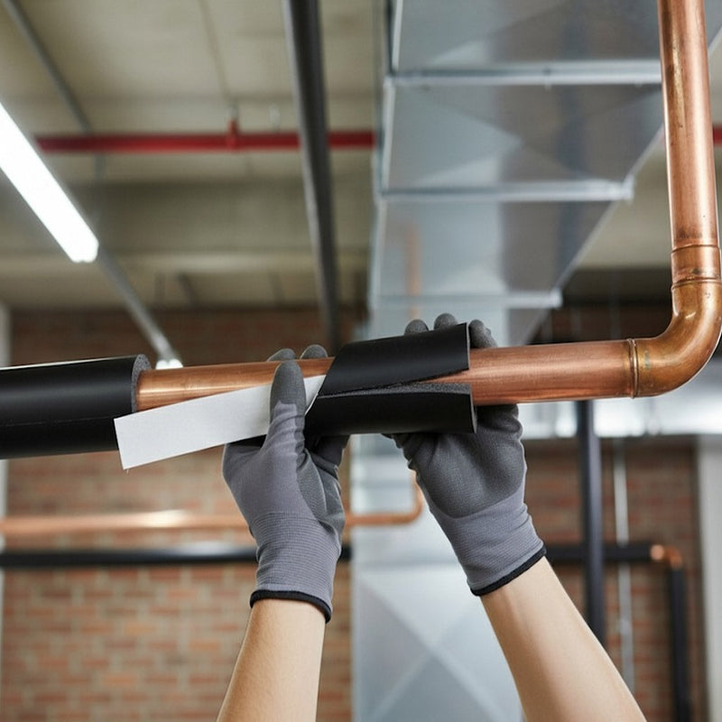 A worker installing black self-seal foam insulation on copper pipes of a heating system.