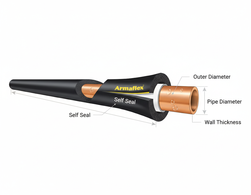 Armaflex self-seal pipe insulation foam showing outer diameter, pipe diameter, and wall thickness