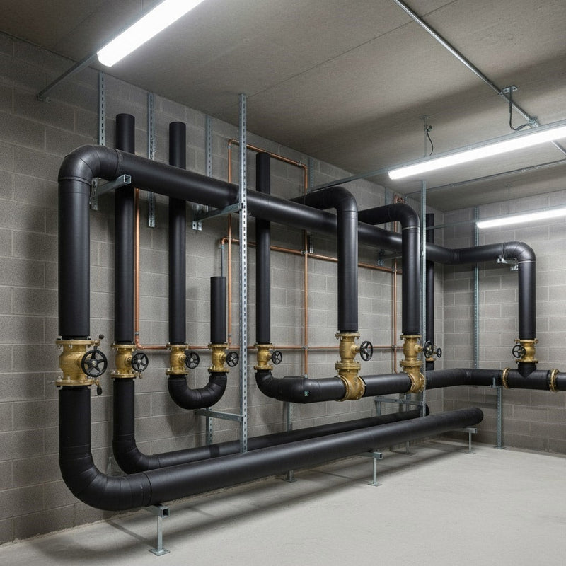 Black foam insulation wrapped around a hot water pipe, demonstrating heat loss prevention