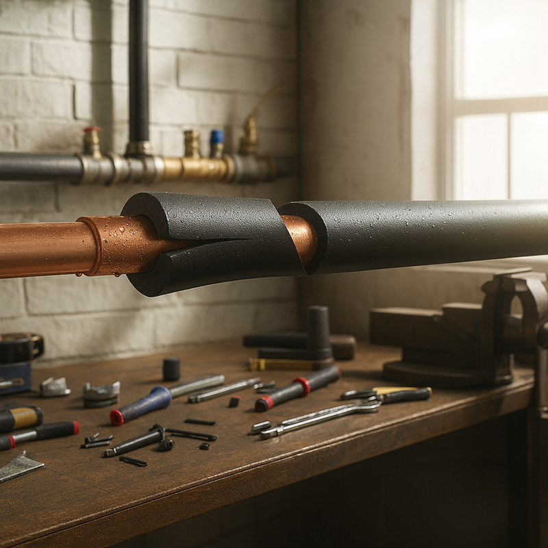 Black nitrile foam pipe insulation applied to chilled water lines to prevent condensation.