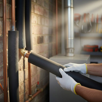 Black nitrile foam pipe insulation tube shown against a white background, highlighting its texture and flexibility
