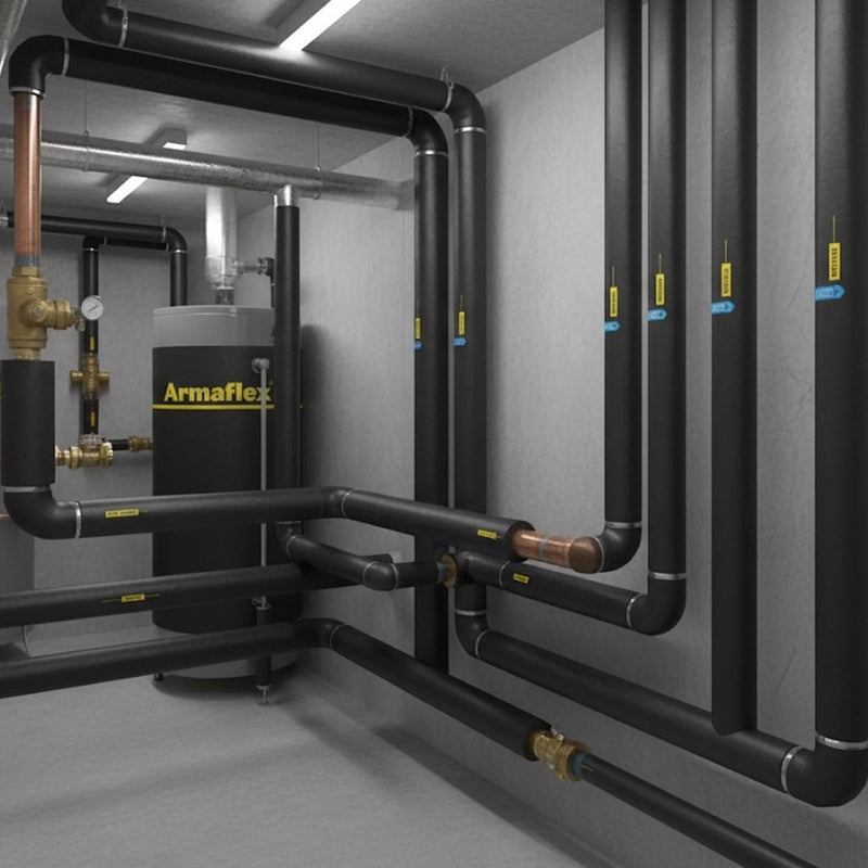 Black self-seal pipe lagging 28mm x 9mm wall thickness installed on copper pipes
