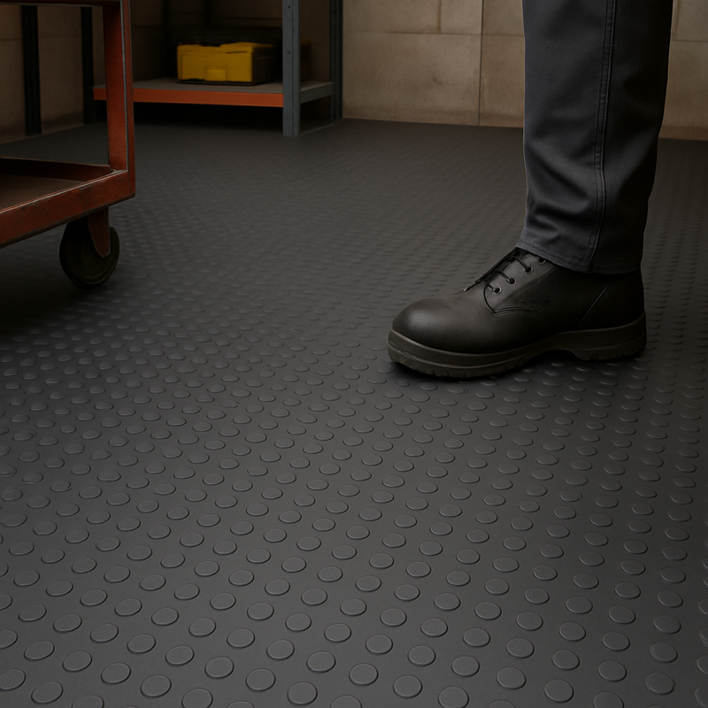 Premium Heavy-Duty Studded Rubber Flooring Roll – R11 Slip-Resistant | Oil & Impact Resistant | Custom Cut Lengths (3mm–6mm Thick, 1.2 m or 2 m Wide)