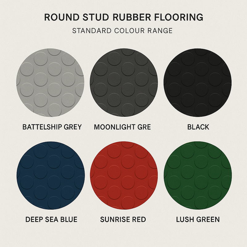 Premium Heavy-Duty Studded Rubber Flooring Roll – R11 Slip-Resistant | Oil & Impact Resistant | Custom Cut Lengths (3mm–6mm Thick, 1.2 m or 2 m Wide)