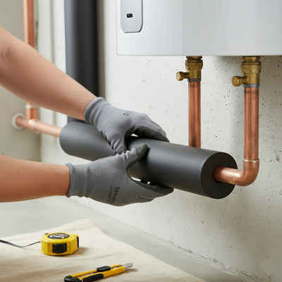 Close-up of black closed-cell foam pipe insulation, 15 mm × 6 mm