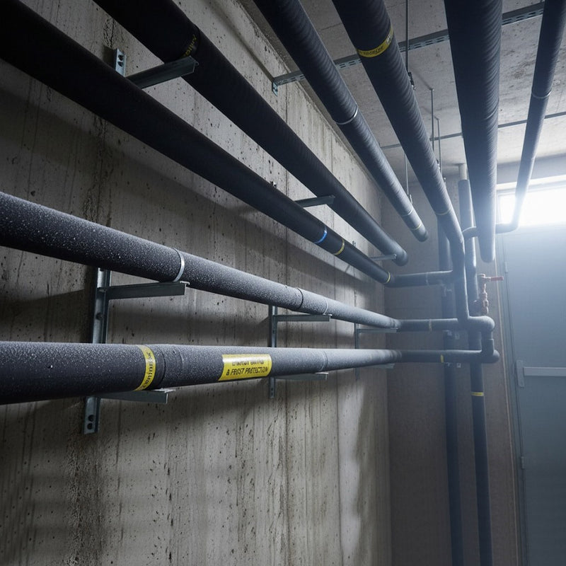 Close-up of black foam pipe insulation being fitted onto a copper water pipe