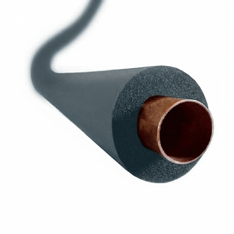 Close-up of black nitrile foam insulation on refrigerated pipework for energy efficiency.