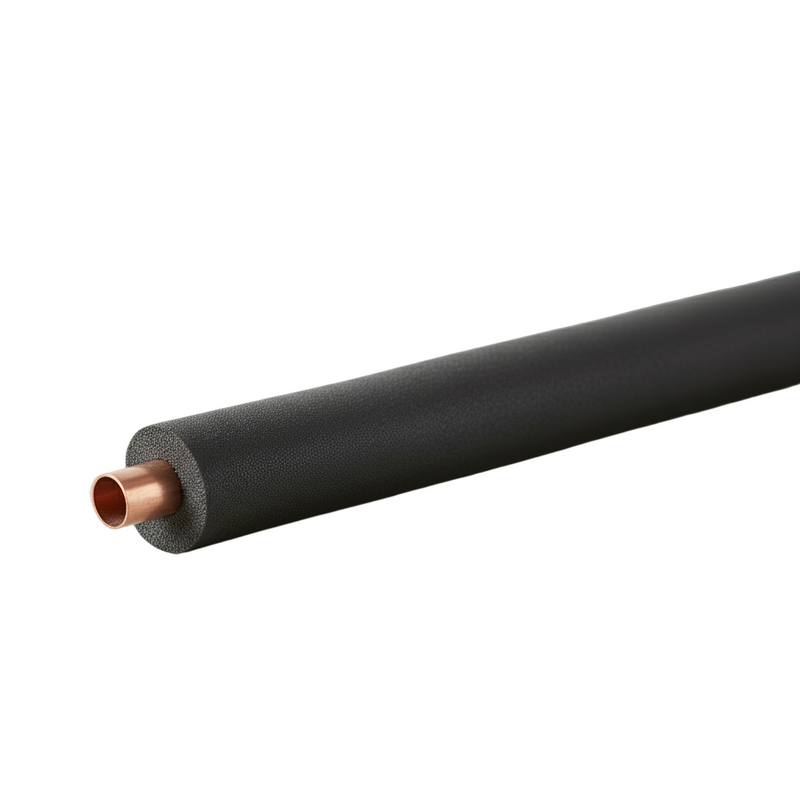 Close-up of flexible black pipe insulation, ideal for preventing heat loss and condensation on pipes