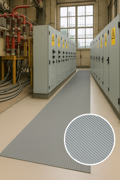 
          Fine Ribbed Grey Rubber Matting Electrical Safety