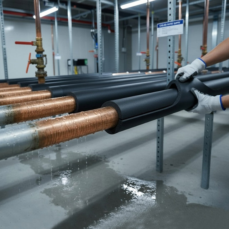Flexible 13mm wall insulation reducing heat loss from a pipe.