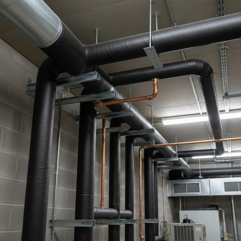 Flexible black pipe insulation foam neatly fitted around an elbow joint on a chilled water line.