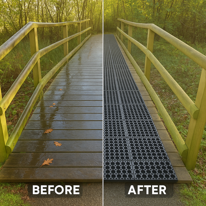 Non-Slip Rubber Link Mats with Drainage Holes High-Quality Decking Mats Customisable Coverage, Yellow Safety Ramp Available