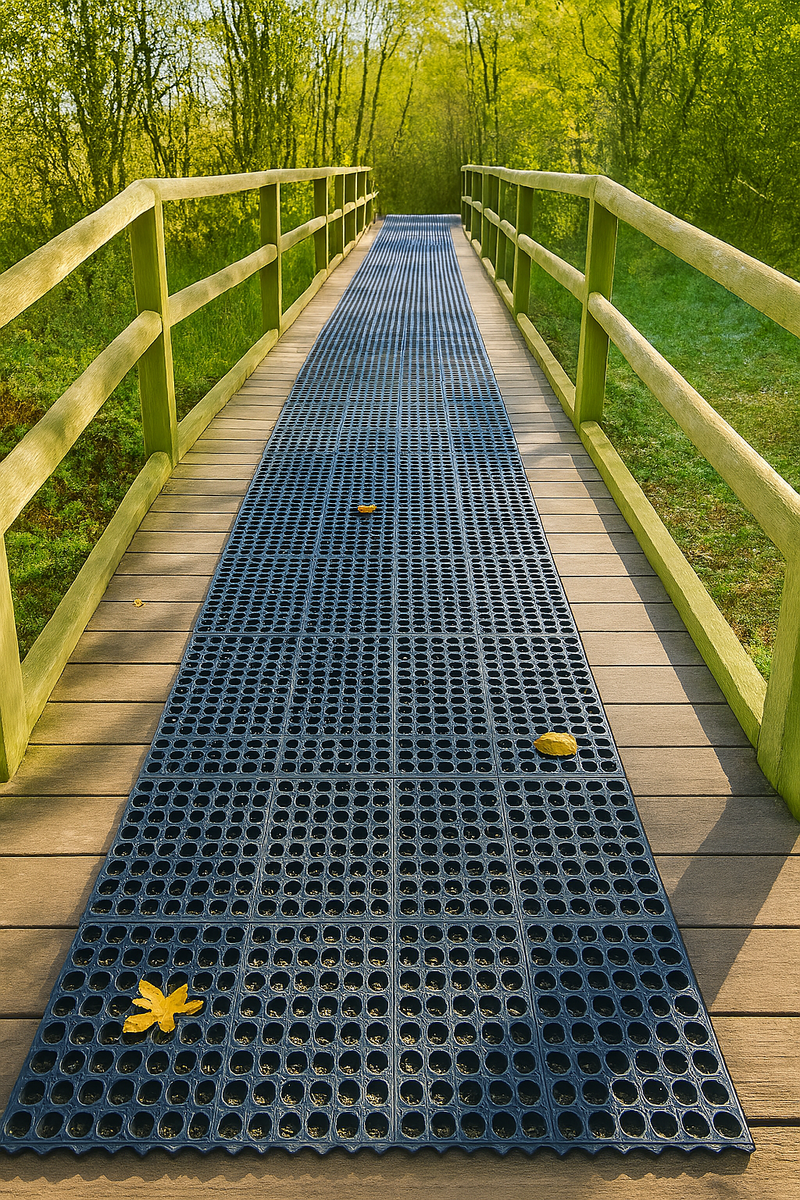 Non-Slip Rubber Link Mats with Drainage Holes High-Quality Decking Mats Customisable Coverage, Yellow Safety Ramp Available