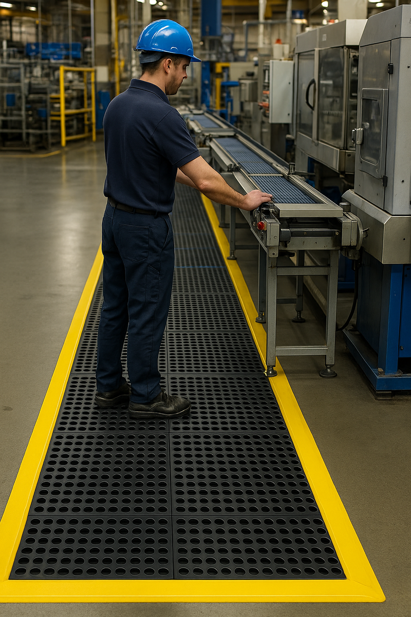 Non-Slip Rubber Link Mats with Drainage Holes High-Quality Decking Mats Customisable Coverage, Yellow Safety Ramp Available
