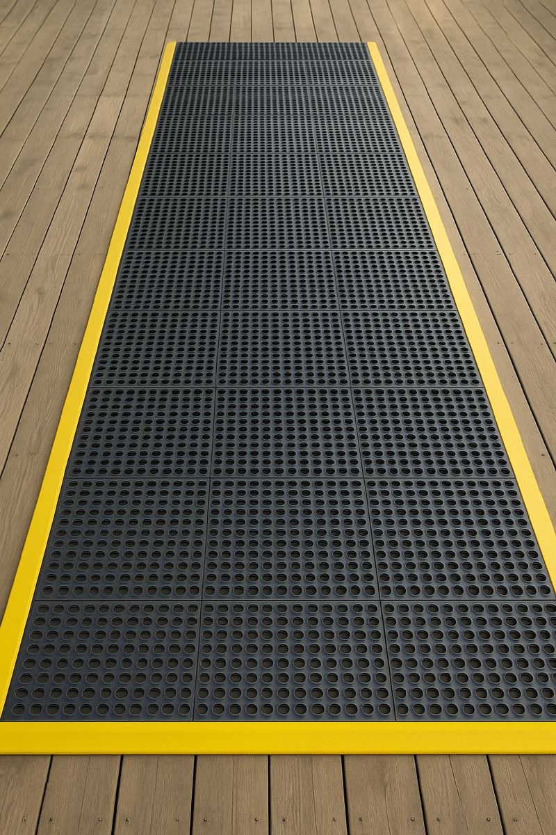 Non-Slip Rubber Link Mats with Drainage Holes High-Quality Decking Mats Customisable Coverage, Yellow Safety Ramp Available
