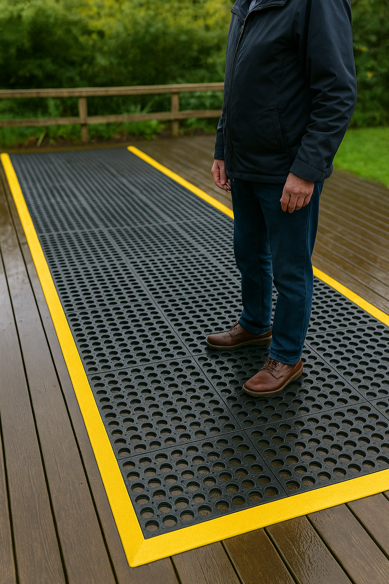 Non-Slip Rubber Link Mats with Drainage Holes High-Quality Decking Mats Customisable Coverage, Yellow Safety Ramp Available