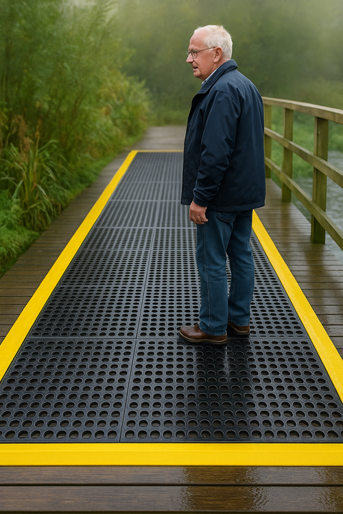 Non-Slip Rubber Link Mats with Drainage Holes High-Quality Decking Mats Customisable Coverage, Yellow Safety Ramp Available
