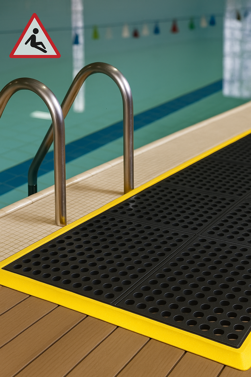 High Visibility Rubber Link Mats with Drainage Holes for Pool & Wet Areas