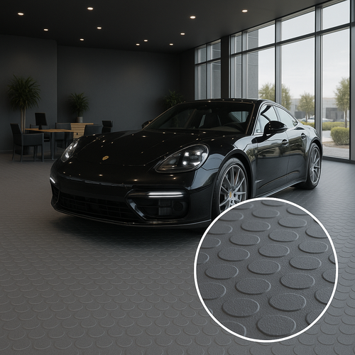 Heavy-Duty Rubber Garage Flooring R11 Slip Rated Oil Resistant Dot Penny Pattern Cut by the Metre