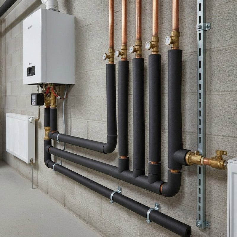 Outdoor pipes covered with black nitrile foam insulation for effective frost protection during winter.