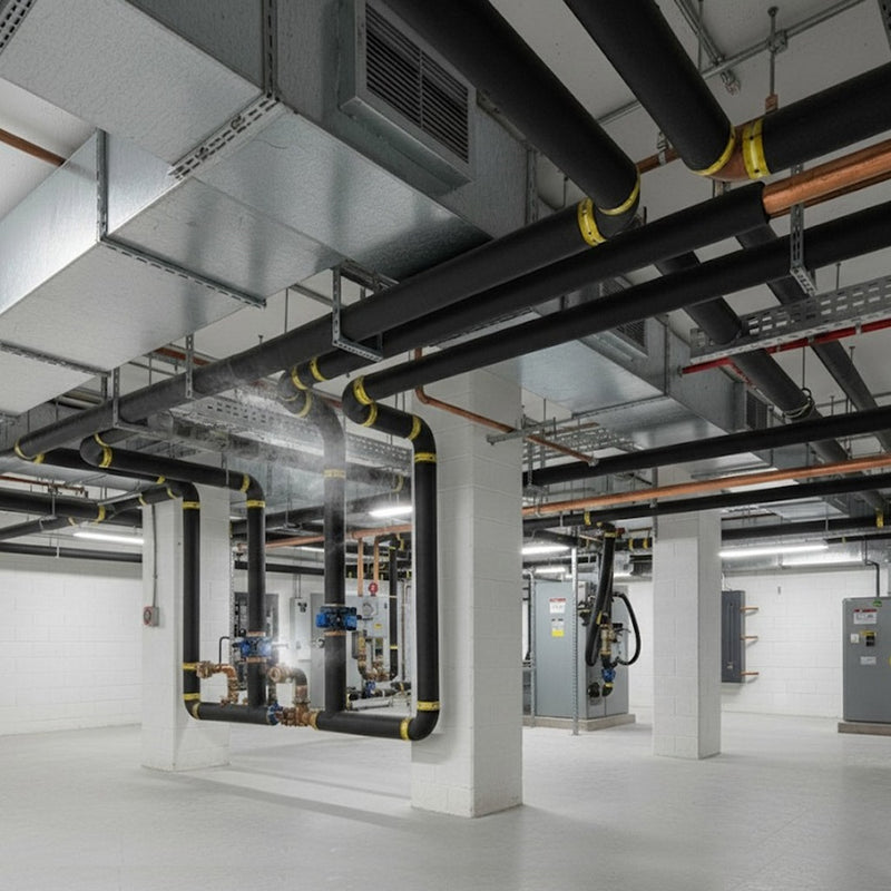Pipe insulation foam on HVAC and plumbing pipes in commercial building for energy efficiency