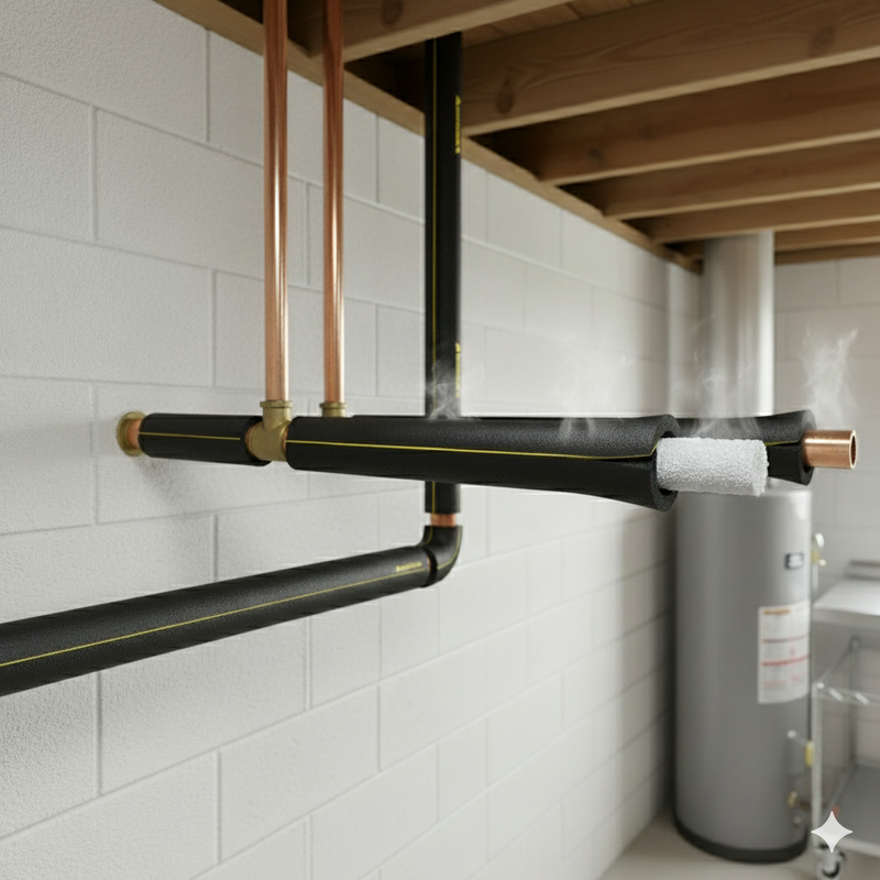 Pipe insulation foam on copper pipes for energy efficiency and condensation control