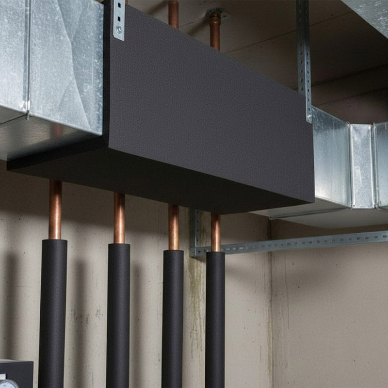 Pipe insulation lagging installed on copper pipes of a heating system to demonstrate energy conservation.