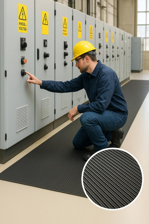 Standard Electrical Switchboard Matting - Fine Ribbed Rubber, 11,000V Tested, Anti-Slip Surface Cloth Impression Low Maintenance BS921 Certified